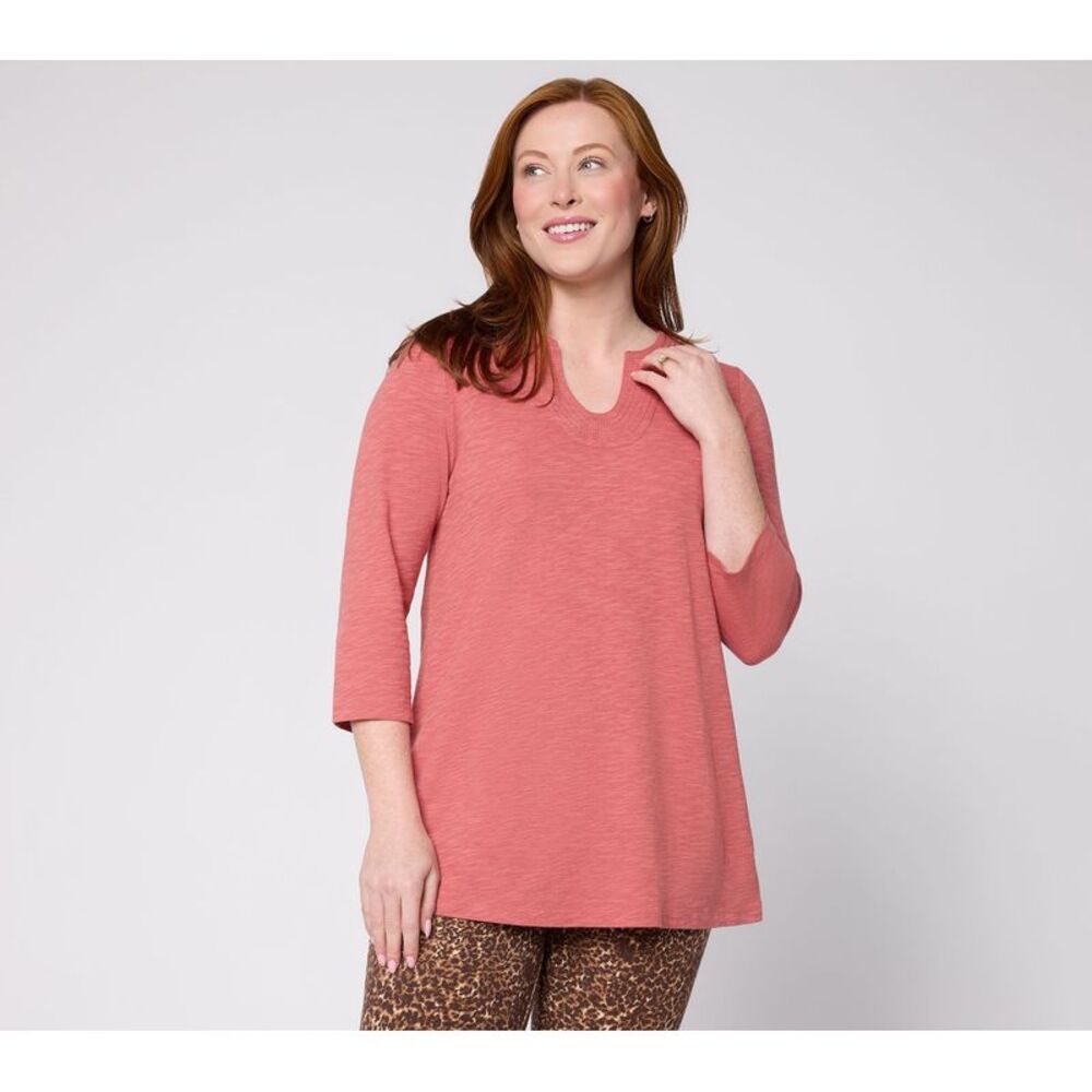 Denim & Co. Women's Top Petite PM Slub Jersey Sleeve U-Neck Ballet Combo